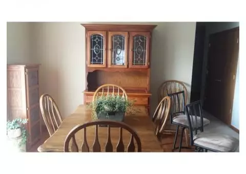 Hutch,  table and chairs, cupboard, and bar stools